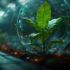 Publicaciones digitales sostenibles representadas por una planta creciendo en una burbuja tecnológica, simbolizando innovación y ecología.