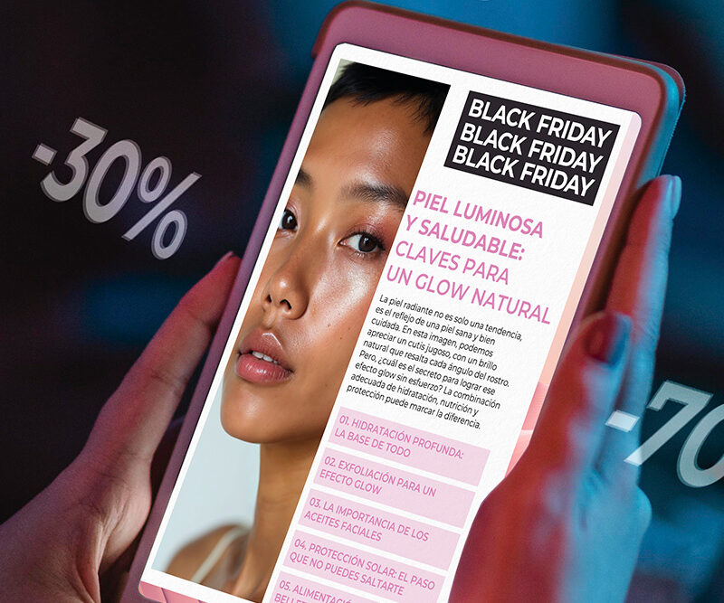 Promoción digital en tablet para Black Friday con descuentos y catálogo interactivo
